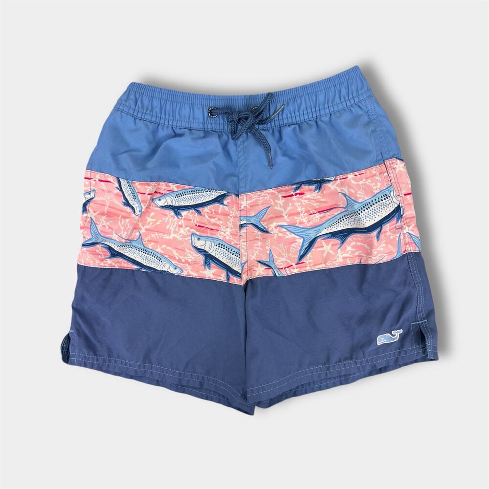 Vineyard Vines Boys' Pieced Chappy Swim Trunk Blue Pink Fish 6